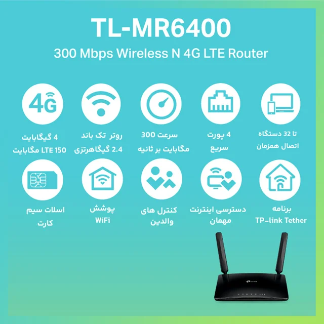 مودم روتر بیسیم 4G LTE تیپیلینک مدل TL-MR6400 با دو آنتن خارجی، شبکه Wi-Fi 2.4 گیگاهرتز 102182856
