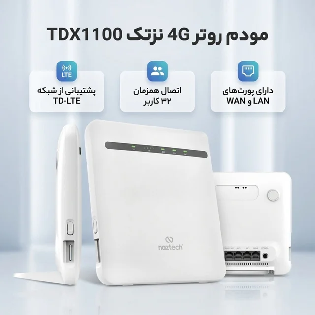 مودم روتر 4G خانگی نزتک مدل TDX1100 با پشتیبانی شبکه TD-LTE، اتصال با سیم و بی‌سیم، آنتن خ 102182677